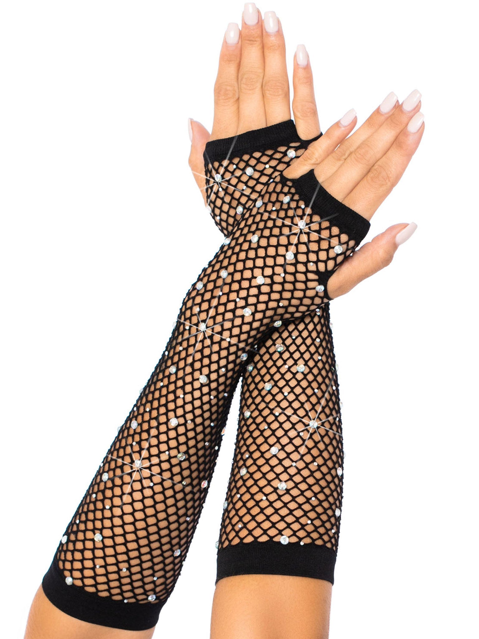 Rhinestone Fishnet Arm Warmers Gloves