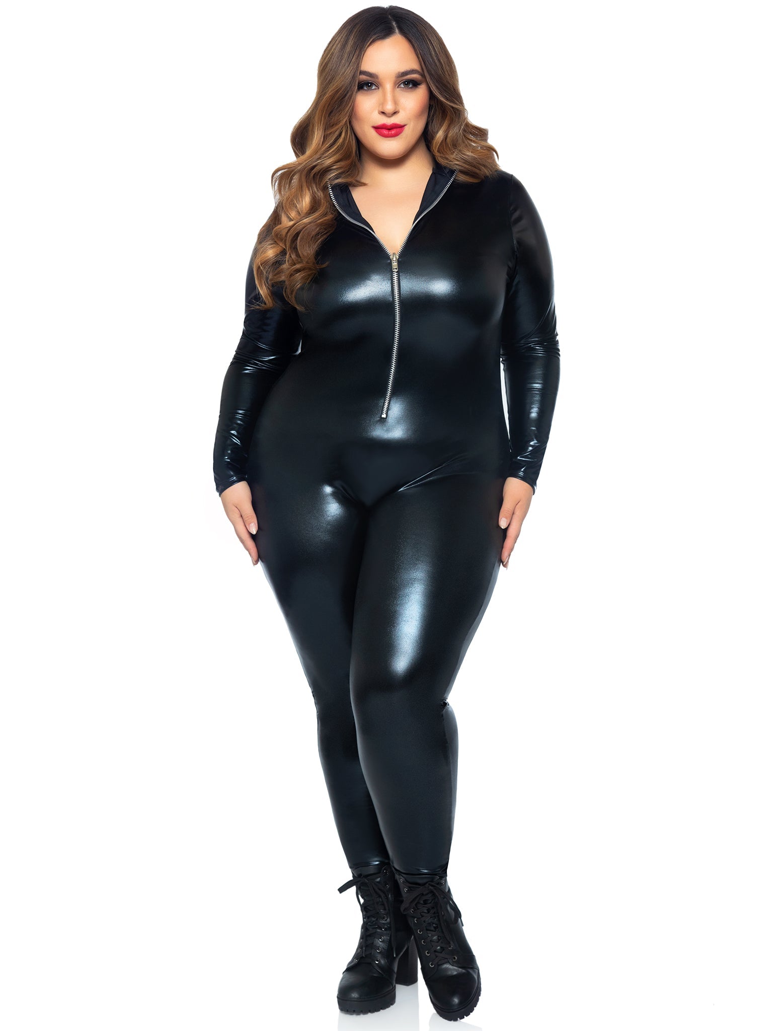 Wet Look Faux Leather Zipper Front Catsuit